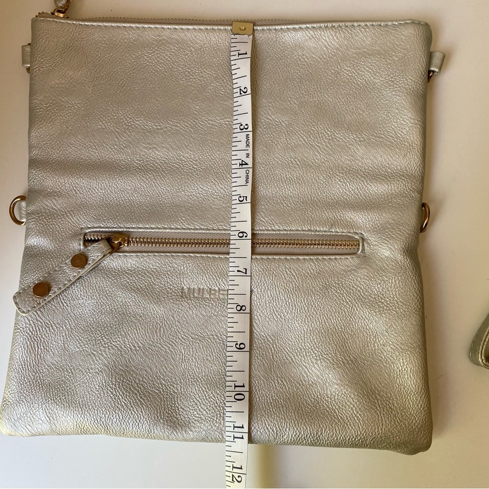 Mulberry Leather Gray Metalic Silver Foldable Clutch Bag with Shoulder 2 Straps - Picture 13 of 13
